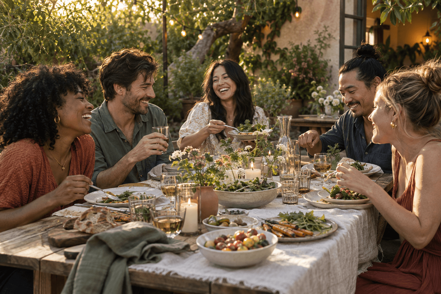 Friends laughing together over a relaxed garden meal